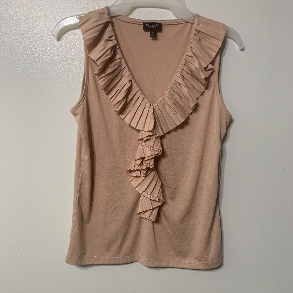 Talbots Women's Pink Sleeveless Tank Top V-Neck Pleated Ruffle Size P Layering